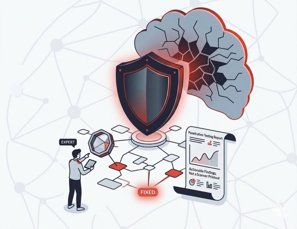 A Vigilant Defenders consultant tracing an attack path to a penetration testing report, with a shield holding back a breach